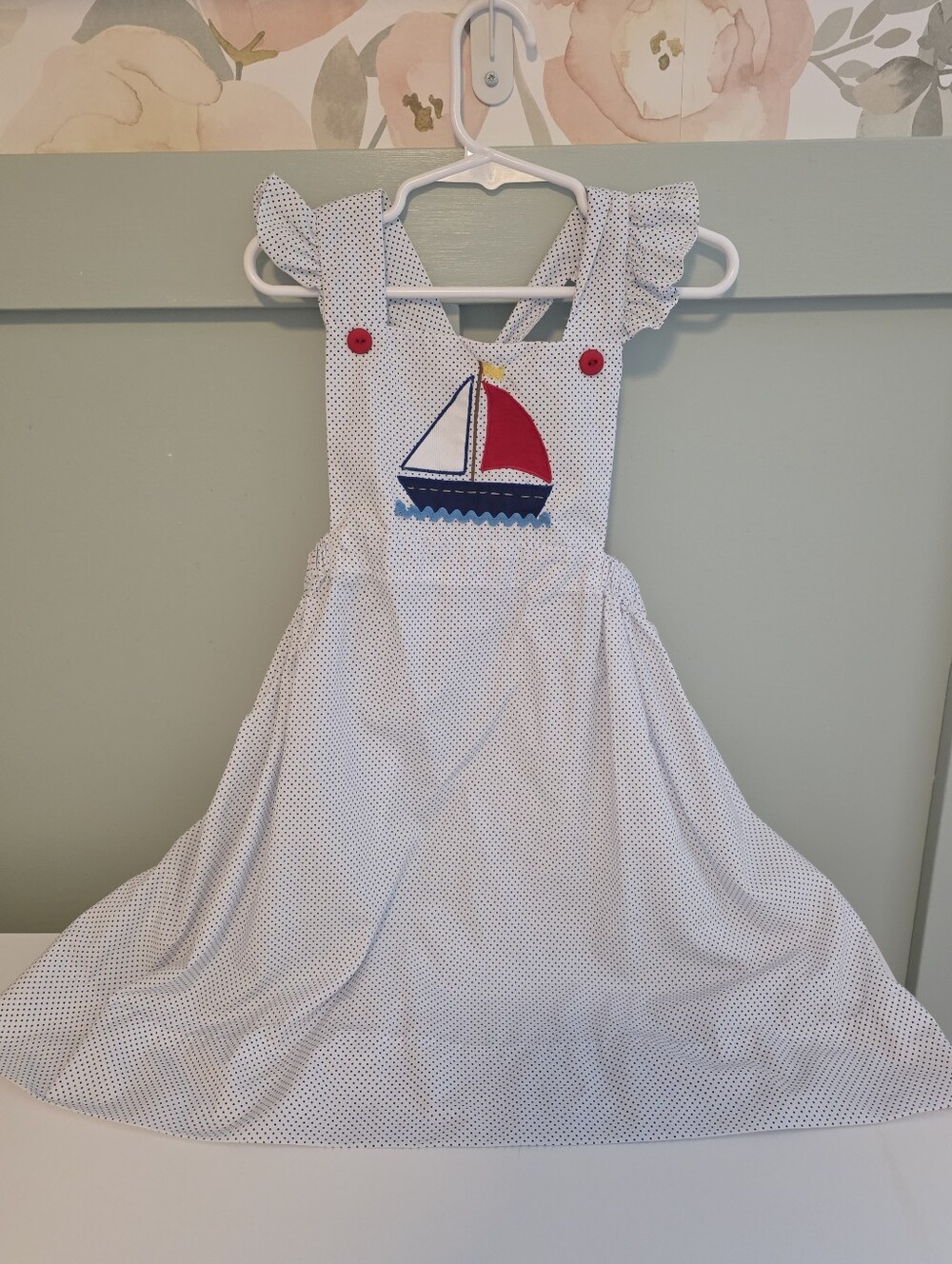 Petit Ami White Pinafore Dress with Nautical Sailboat 4t Smocked Summer Boat